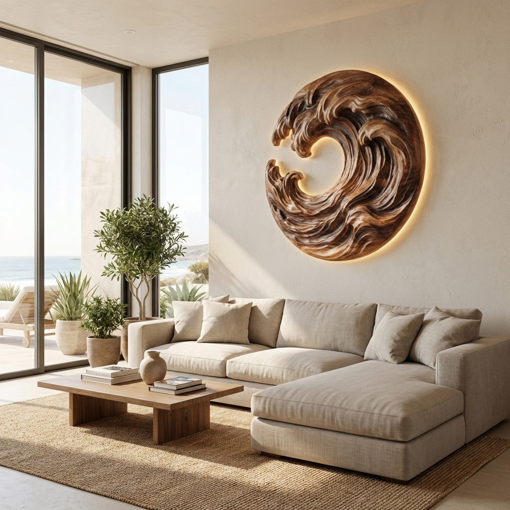 Organic Wooden Wave Wall Art, 3D Hand-Carved Ocean Wave Wood Wall Sculpture Panel for Coastal Living Room
