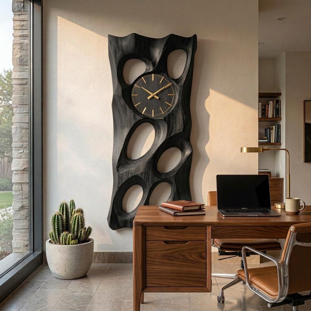 Wooden Wall Clock with Openwork Geometric Design, Modern 3D Carved Wood Hanging Clock for Living Room Wall Decor