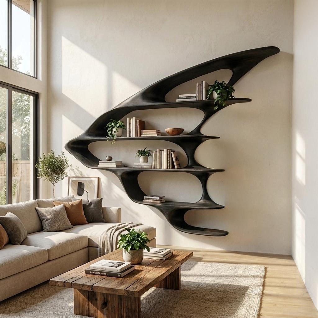Wooden Floating Bookshelf with Unique Sculptural Design, Handcrafted Wall Mounted Display for Living Room & Office