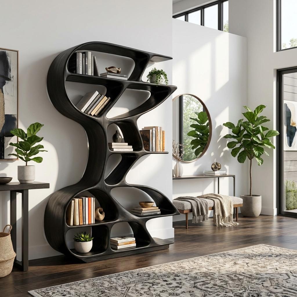 Wooden Bookshelf with Unique Sculptural Design, Handcrafted Solid Wood Bookcase for Modern Living Room & Office