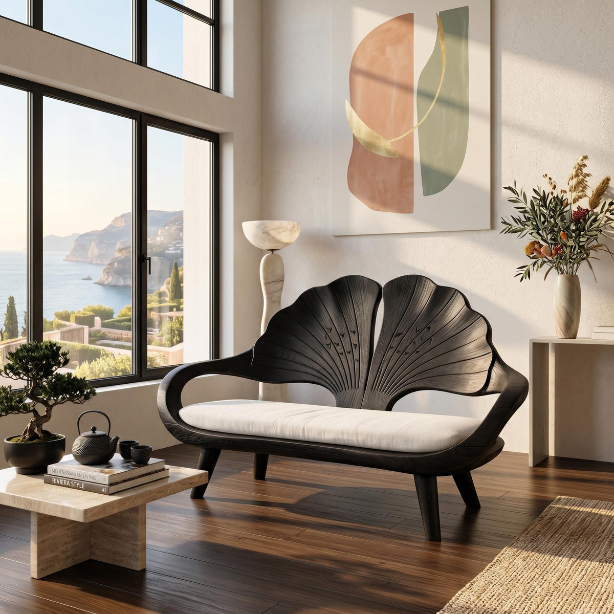 Minimalist Ginkgo Leaf Backrest Bench, Solid Wood Reading Nook Accent Seating & Bedroom Lounge Bench, Natural