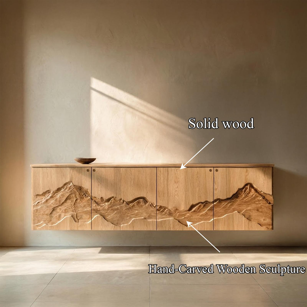 Rustic Mountain Art Wood Console Table, Handcrafted Solid Wood Entryway Credenza Sideboard Cabinet