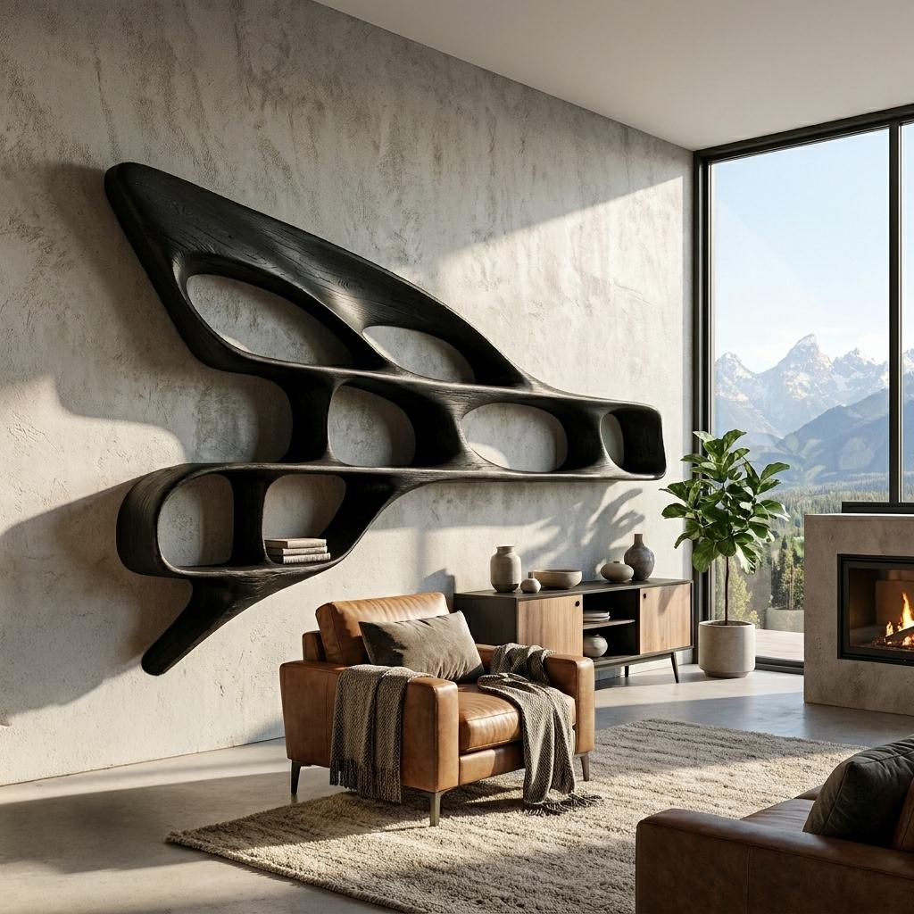 Organic Wooden Wall Bookshelf, Handcrafted Floating Wood Shelf Unit for Luxury Living Room & Office Interior