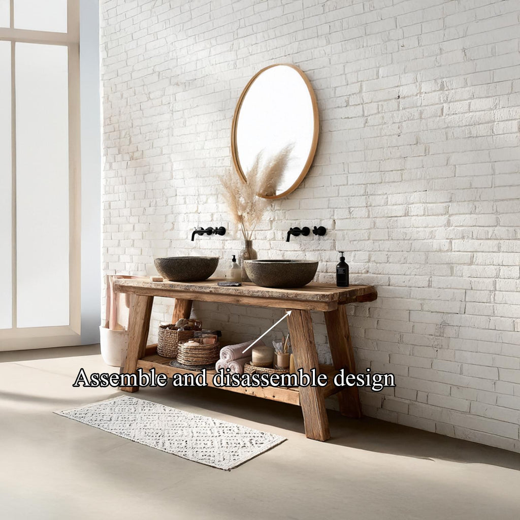 Mid-Century Handmade Washstand, Solid Wood Washroom Vanity Console Table, Single Sink Bathroom Stand Shelf