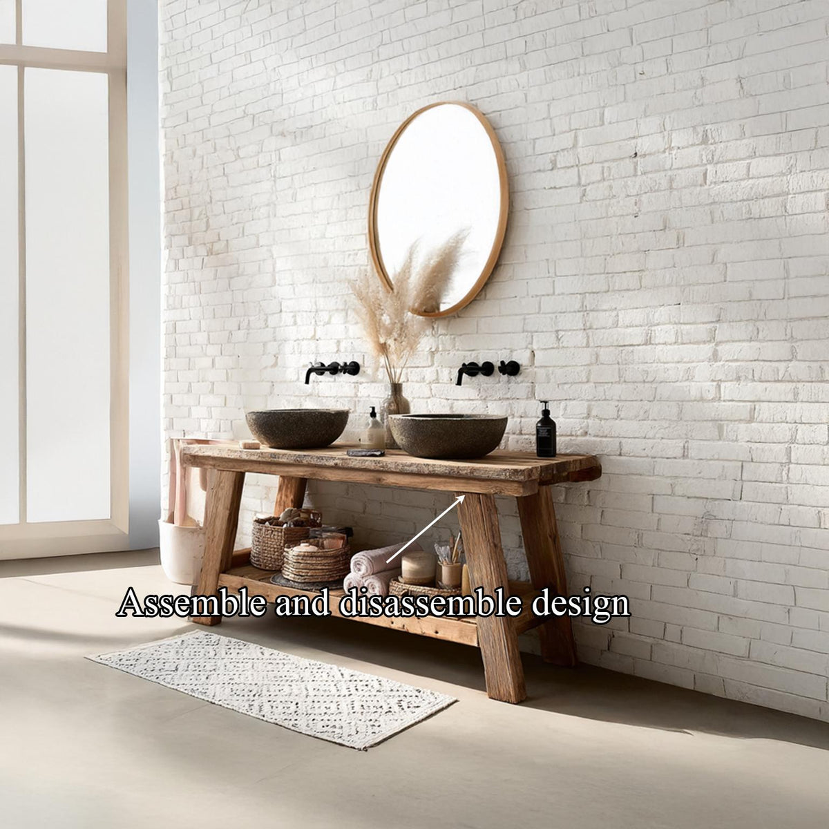 Mid-Century Handmade Washstand, Solid Wood Washroom Vanity Console Table, Single Sink Bathroom Stand Shelf