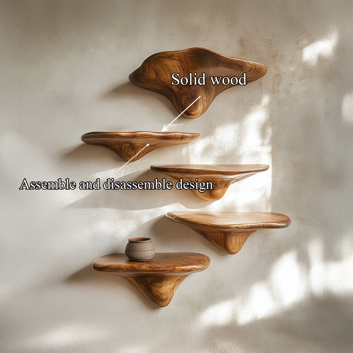 Sculptural Mushroom Wall Shelf, Whimsical Wooden Floating Shelf for Plant Display in Kitchen, Living Room & Bedroom