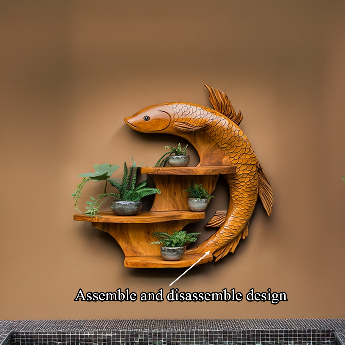 Zen Koi Fish Wall Display Shelf, Handcrafted Wood Floating Shelf for Asian-Inspired Living Room & Office Wall Decor