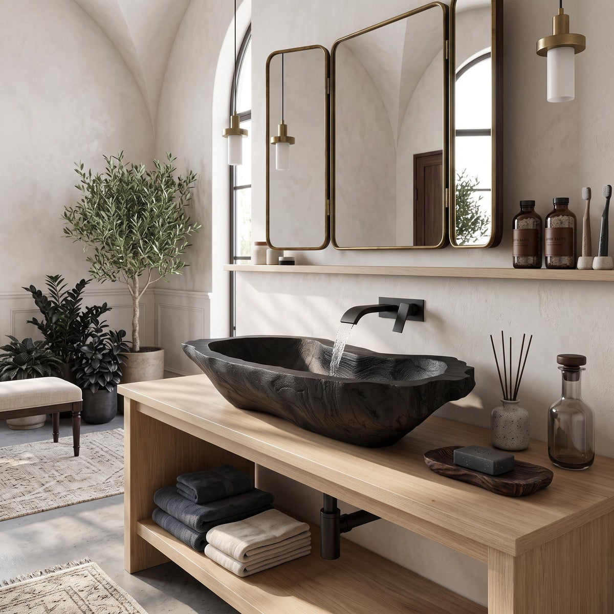 Mid Century Wood Wash Basin For Bathroom Interior Design