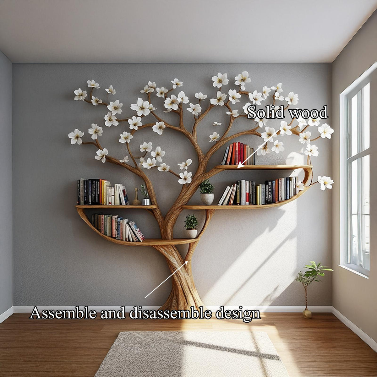 Rustic Tree Shaped Wood Bookshelf, Flower Design Branch Bookcase & Storage Organizer for Living Room, Bedroom