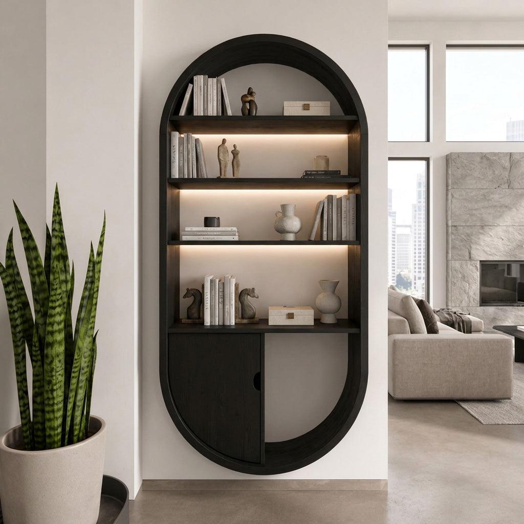 Arched Wooden Wall Bookshelf with Cabinet & Lighting, Solid Wood Storage Bookcase for Living Room, Home Office