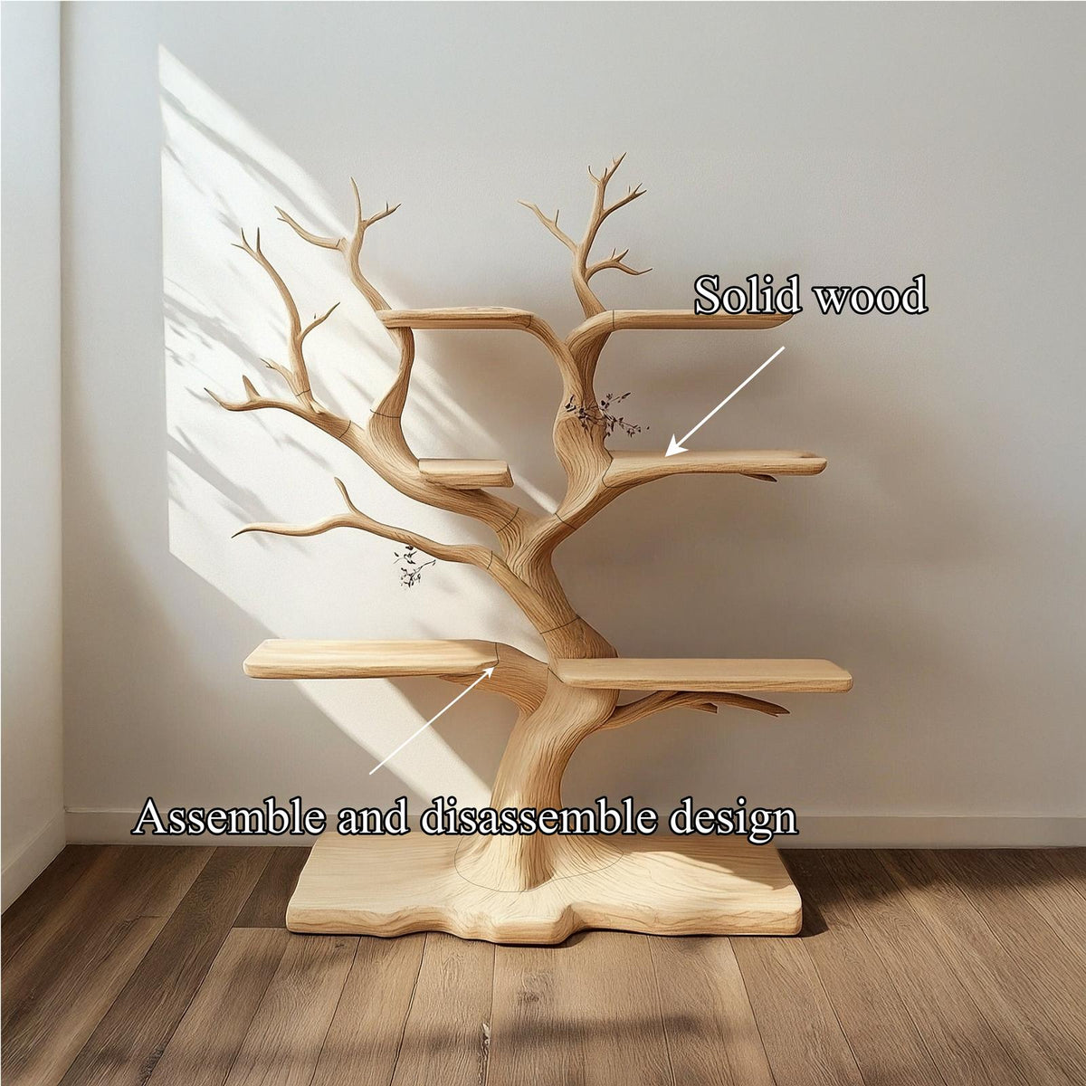 Rustic Organic Standing Tree Shelf, Free Standing Solid Wood Branch Bookshelf & Artistic Display for Bedroom, Living Room