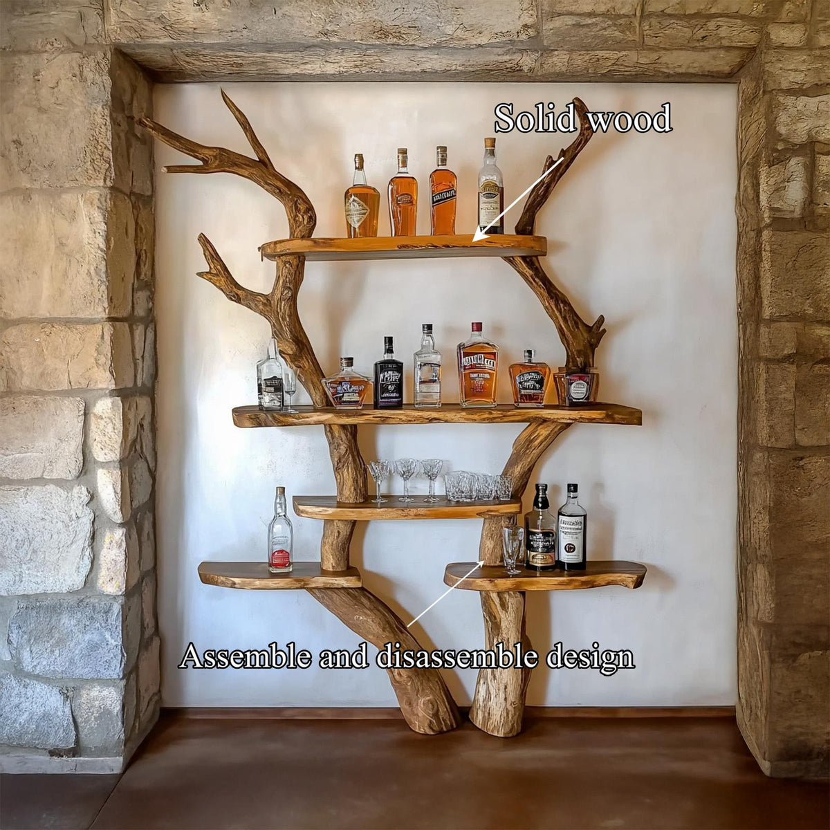 Rustic Bar Tree Wood Shelf, Handcrafted Wall Mounted Liquor & Wine Glass Rack for Home Bar