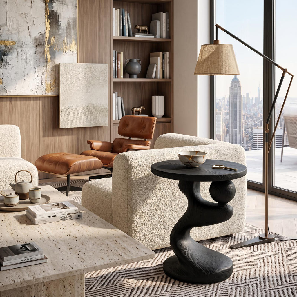 Modern Sculpted Wood Side Table, Artistic Curved Base Solid Wood End Table & Nightstand for Living Room, Bedroom