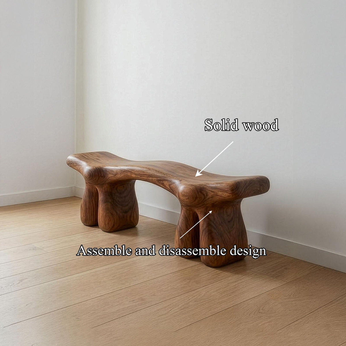 Mid-Century Organic Solid Wood Bench for Entryway, Foyer & Living Room, Handcrafted Modern Indoor Seating