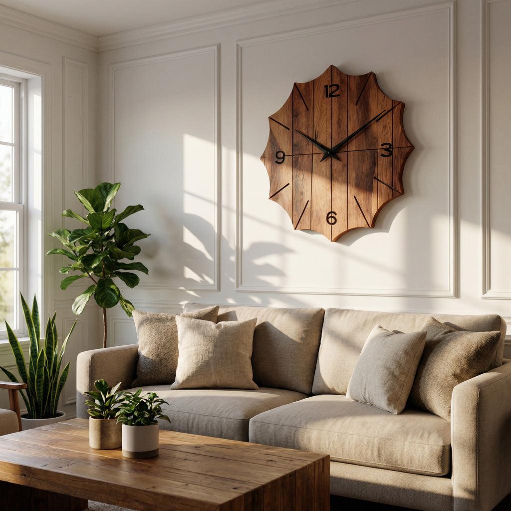 Organic Wooden Wall Clock, Handcrafted Solid Wood Floating Minimalist Timepiece for Living Room Decor