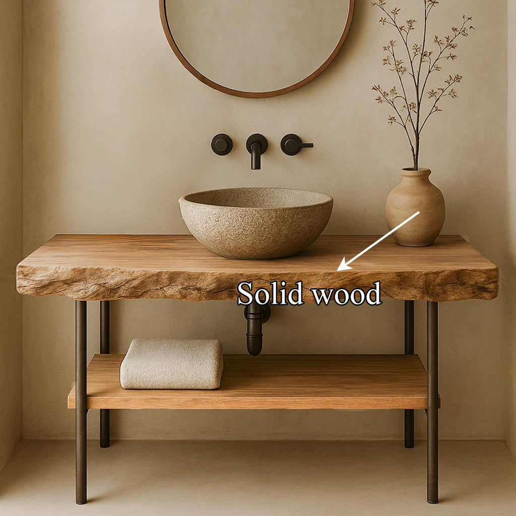 Mid-Century Natural Edge Counter, Solid Wood Bathroom Vanity Countertop, Single Sink Floating Support Shelf