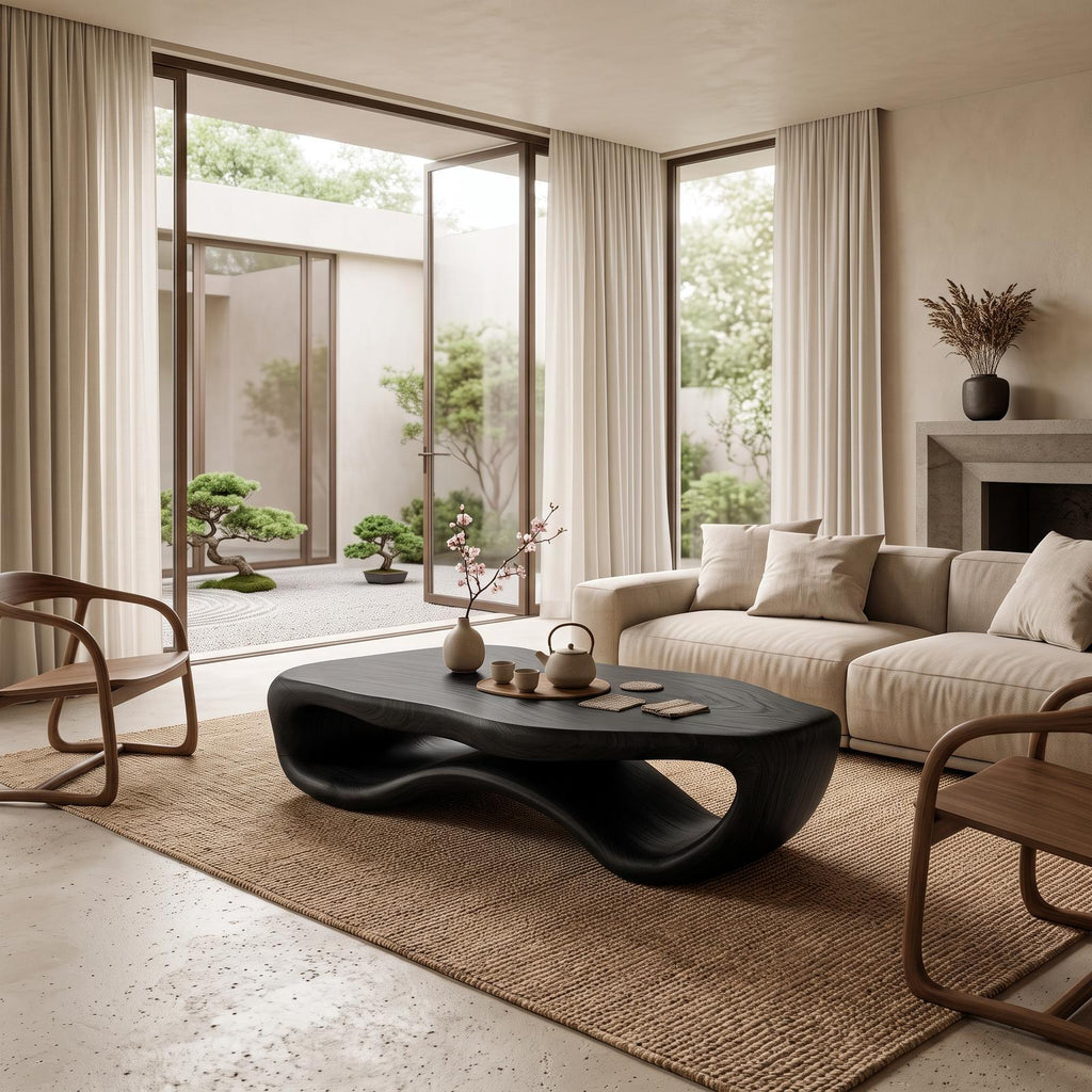 Artistic Wooden Coffee Table with Curved Form, Handcrafted Solid Wood Living Room Center Table, Model