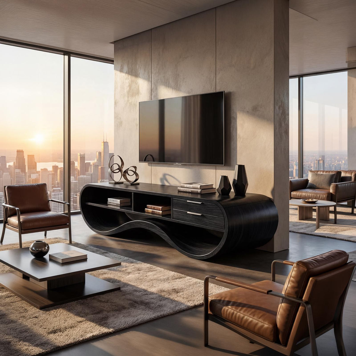 Modern Streamline Wood TV Cabinet, minimalist Media Console Credenza & Entertainment Center for Living Room