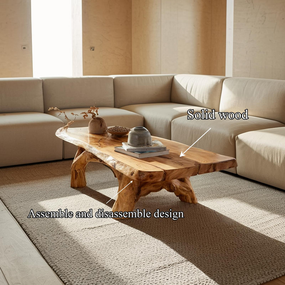 Organic Rustic Solid Wood Coffee Table, Earthy Slab Wood Center Table for Farmhouse & Modern Living Room Decor