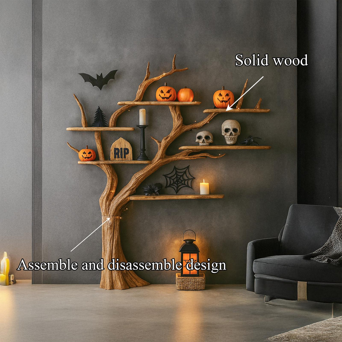 Rustic Tree Shelf Living Room Halloween