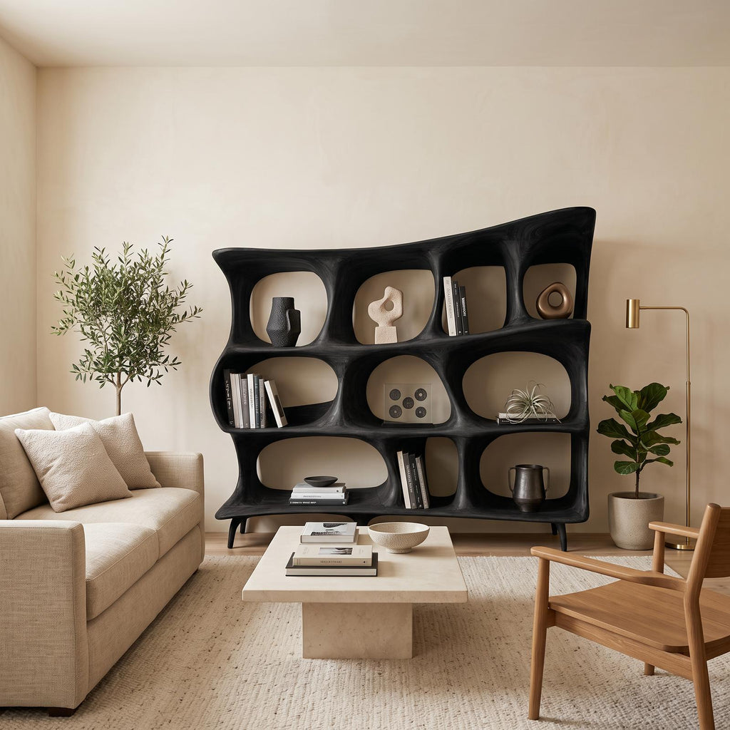 Organic Carved Bookshelf, Handcrafted Solid Wood Standing Bookcase for Living Room Display & Home Office Storage