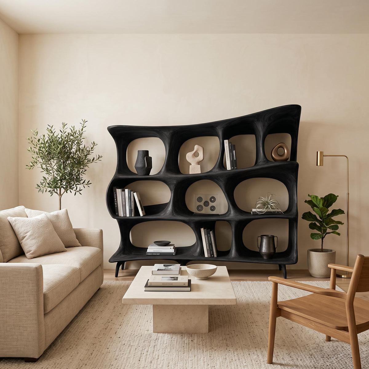 Organic Carved Bookshelf, Handcrafted Solid Wood Standing Bookcase for Living Room Display & Home Office Storage