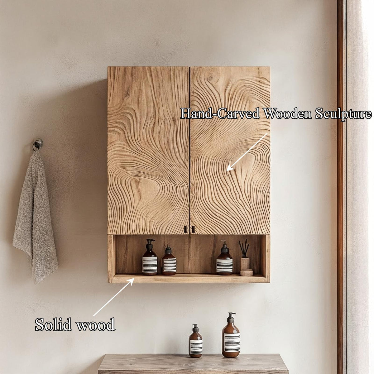 Spry Interior Rustic Minimalist Wood Wall Cabinet, Floating Bathroom Medicine Organizer with Shelves, SINLSABCT004