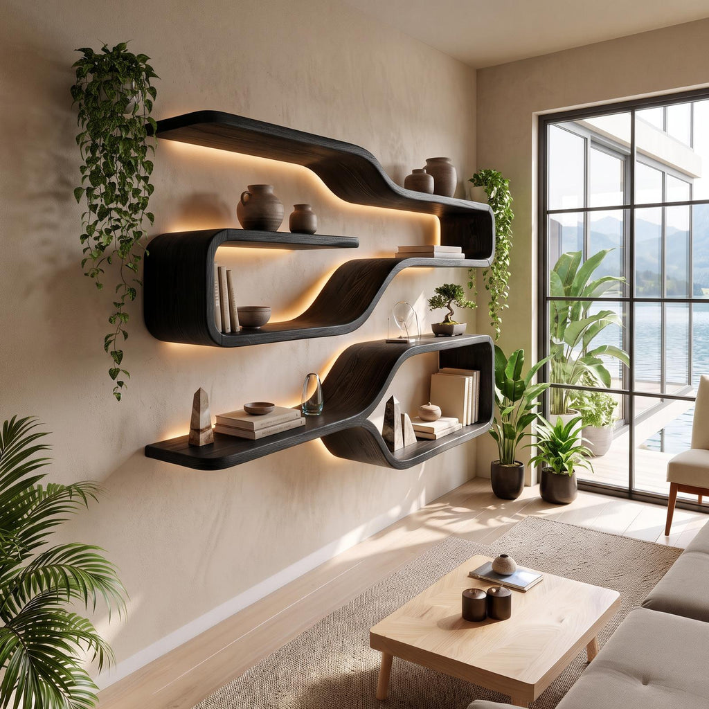 Mid Century Live Edge Wood Shelves for Dining Room