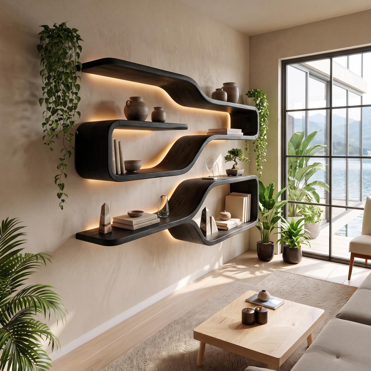 Mid Century Live Edge Wood Shelves for Dining Room