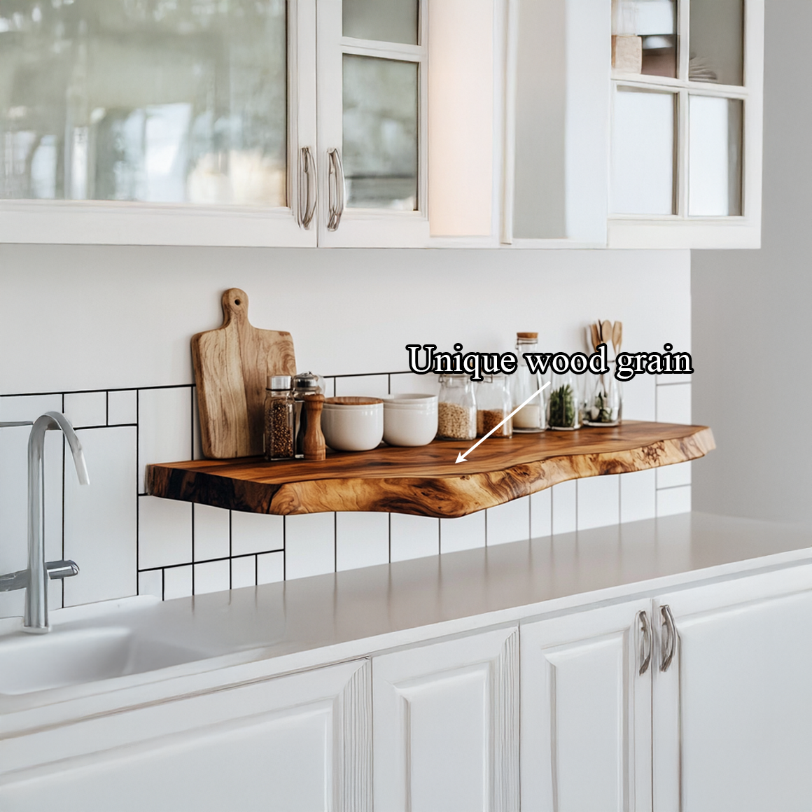 Natural Solid Wood Floating Shelf, Wall Mounted Rustic Kitchen Spice Rack & Decorative Open Shelving Tableware Display