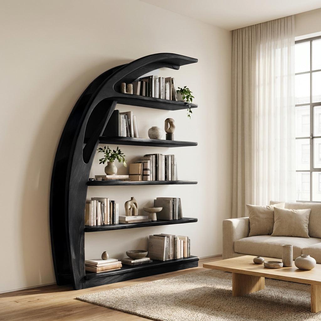 Minimal Curved Wooden Bookshelf, Handcrafted Solid Wood Bookcase for Modern Living Room Display & Office