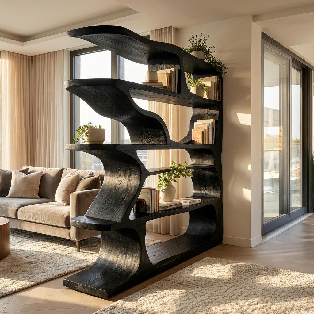 Contemporary Artistic Wooden Bookshelf, Handcrafted Solid Wood Bookcase with Open Shelves for Living Room Storage
