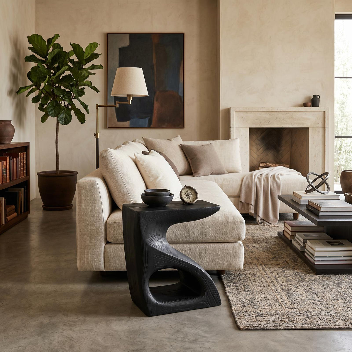 Modern Sculptural Side Table, Solid Wood End Table & Accent Pedestal for Living Room Sofa or Bedroom Nightstand