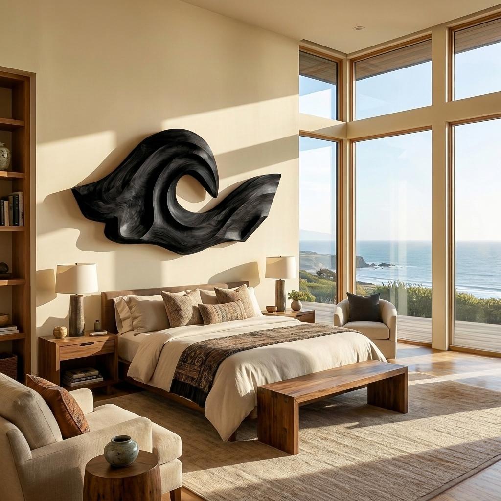 Ocean Wave Inspired Wood Wall Art, 3D Hand-Carved Coastal Wooden Sculpture Panel for Living Room Decor