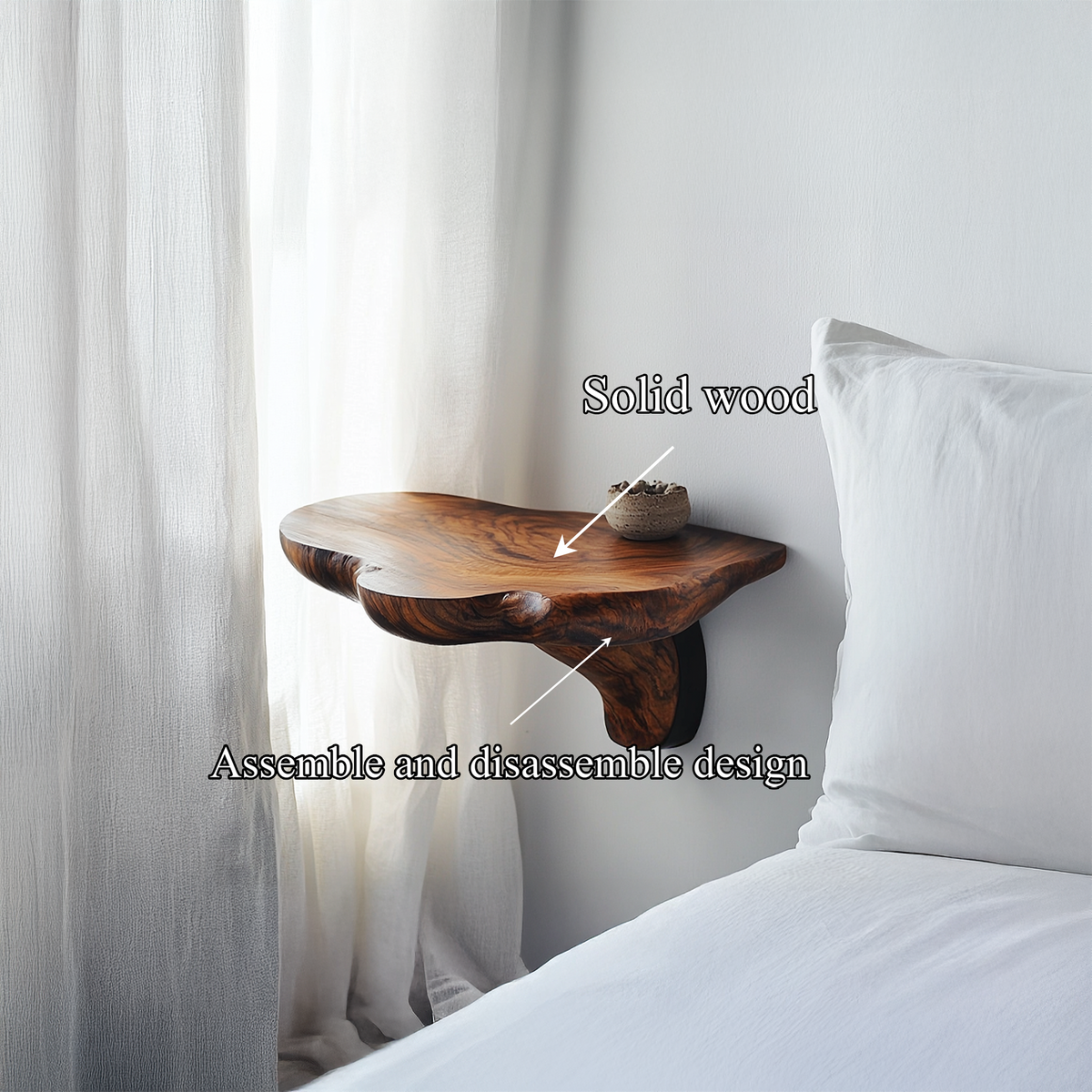 Organic Modern Accent Wall Shelf, Solid Wood Floating Book & Plant Display Ledge for Bedroom