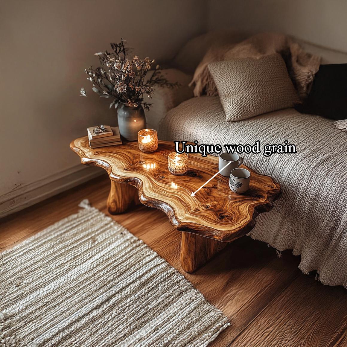 Rustic Handcrafted Wood Coffee Table, Artisanal Live Edge Centerpiece Slab Table for Living Room, Lounge, Cozy Cabin
