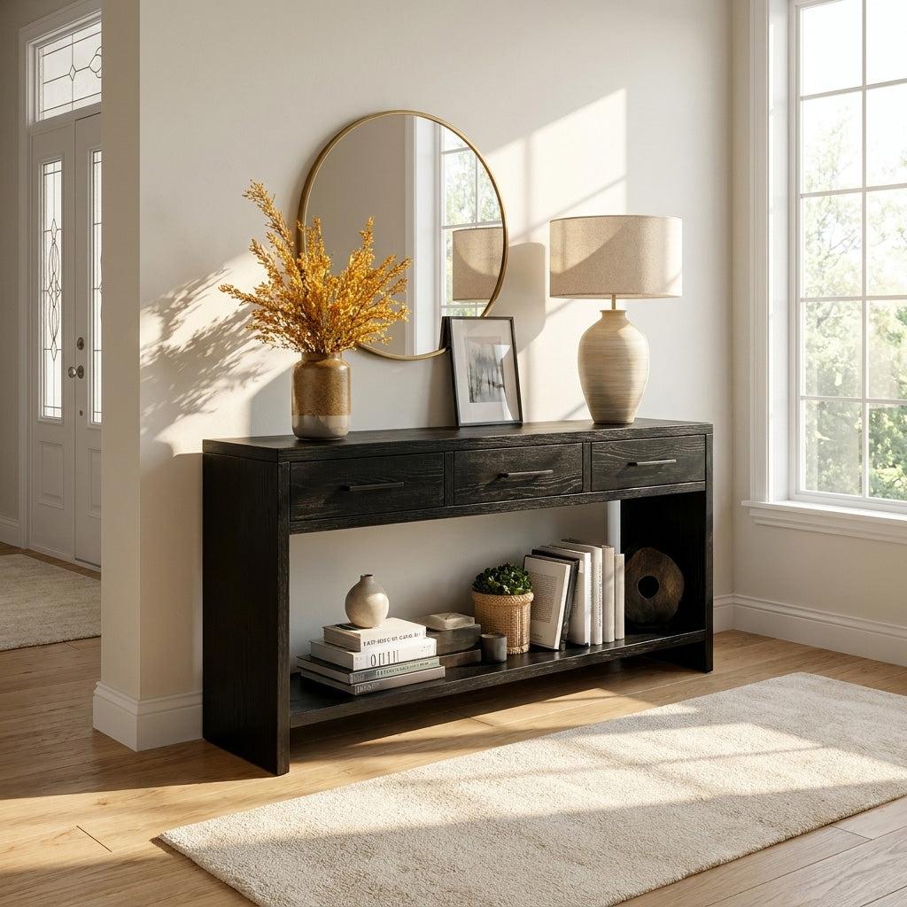 Handcrafted Wooden Console Table with Drawers, Solid Wood Entryway Table for Living Room & Hallway, Model