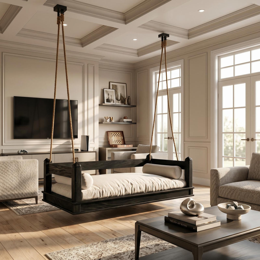Mediterranean Wooden Hanging Daybed Swing Luxury Villa Patio