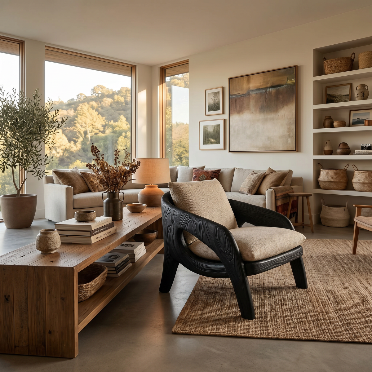 Contemporary Sculptural Lounge Chair, Handcrafted Solid Wood Accent Armchair for Living Room & Parlor