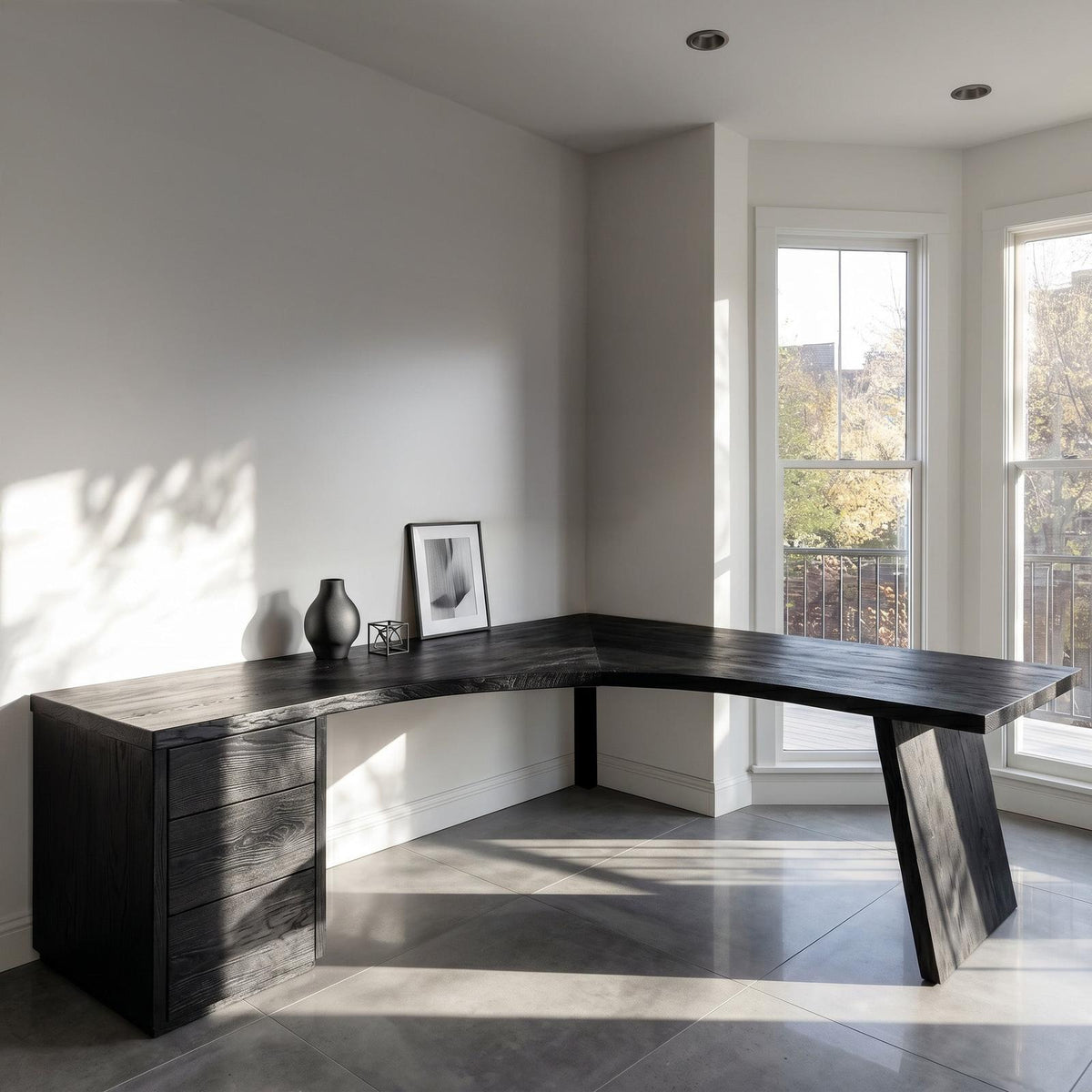 Rustic Wooden L-Shaped Desk For Bright Study Room