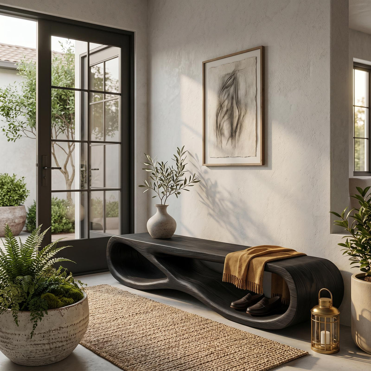 Organic Wooden Bench, Sculptural Curved Solid Wood Base Bench Seat for Entryway Hallway & Living Room Accent