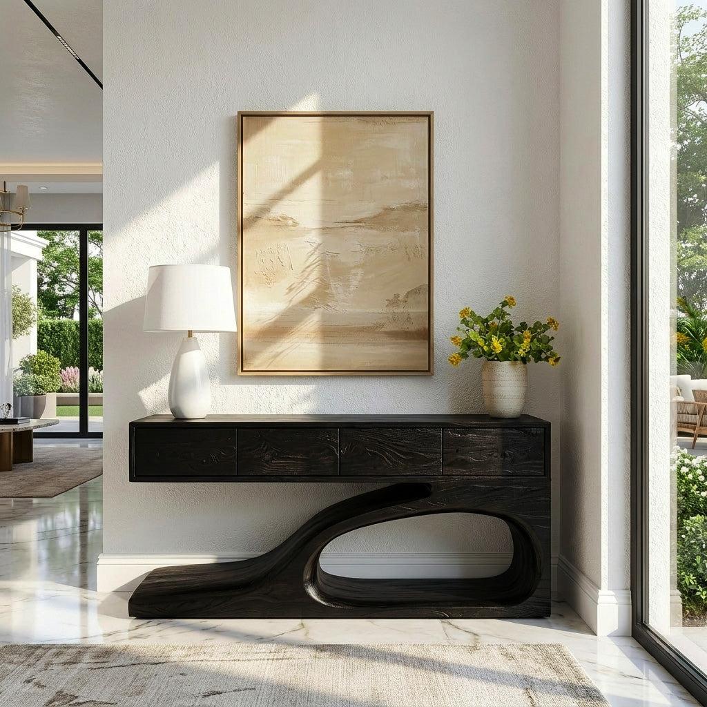 Contemporary Wooden Console Table with Unique Base, Handcrafted Entryway Table for Living Room & Hallway, Model
