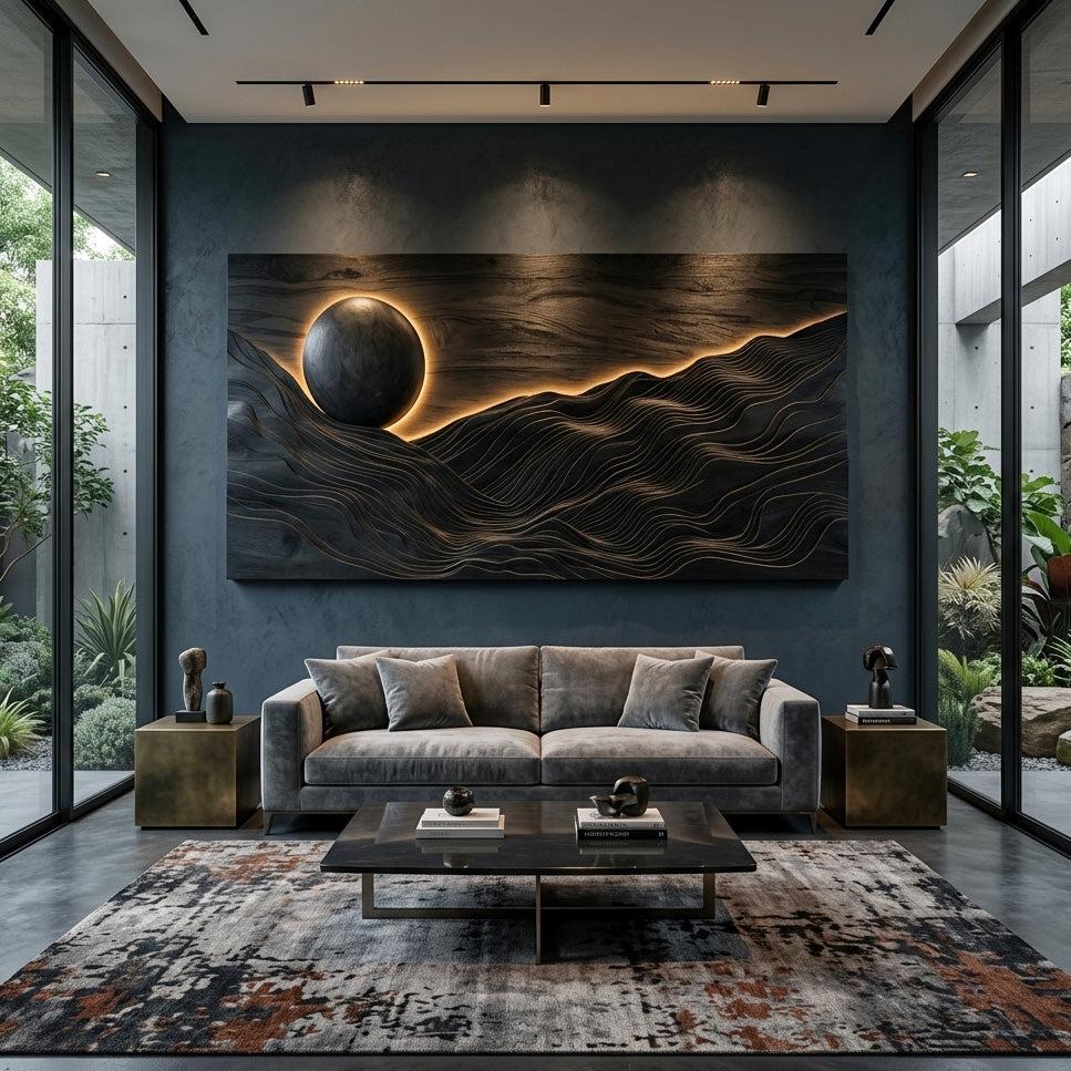 Large Sun Over Mountains Wooden Wall Art, Rustic Sunset Landscape 3D Wood Sculpture Panel for Home