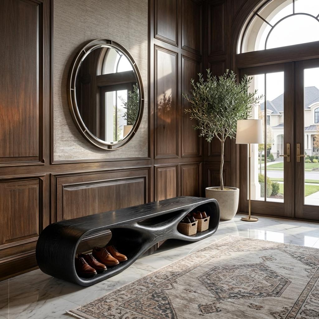 Artistic Wooden Bench, Organic Curved Shape Solid Wood Entryway Bench Seat Accent Furniture for Living Room