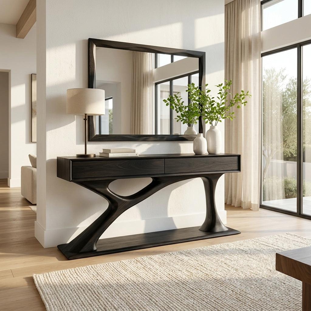 Contemporary Wooden Console Table with Sculptural Base, Handcrafted Entryway Foyer Table for Living Room, Model
