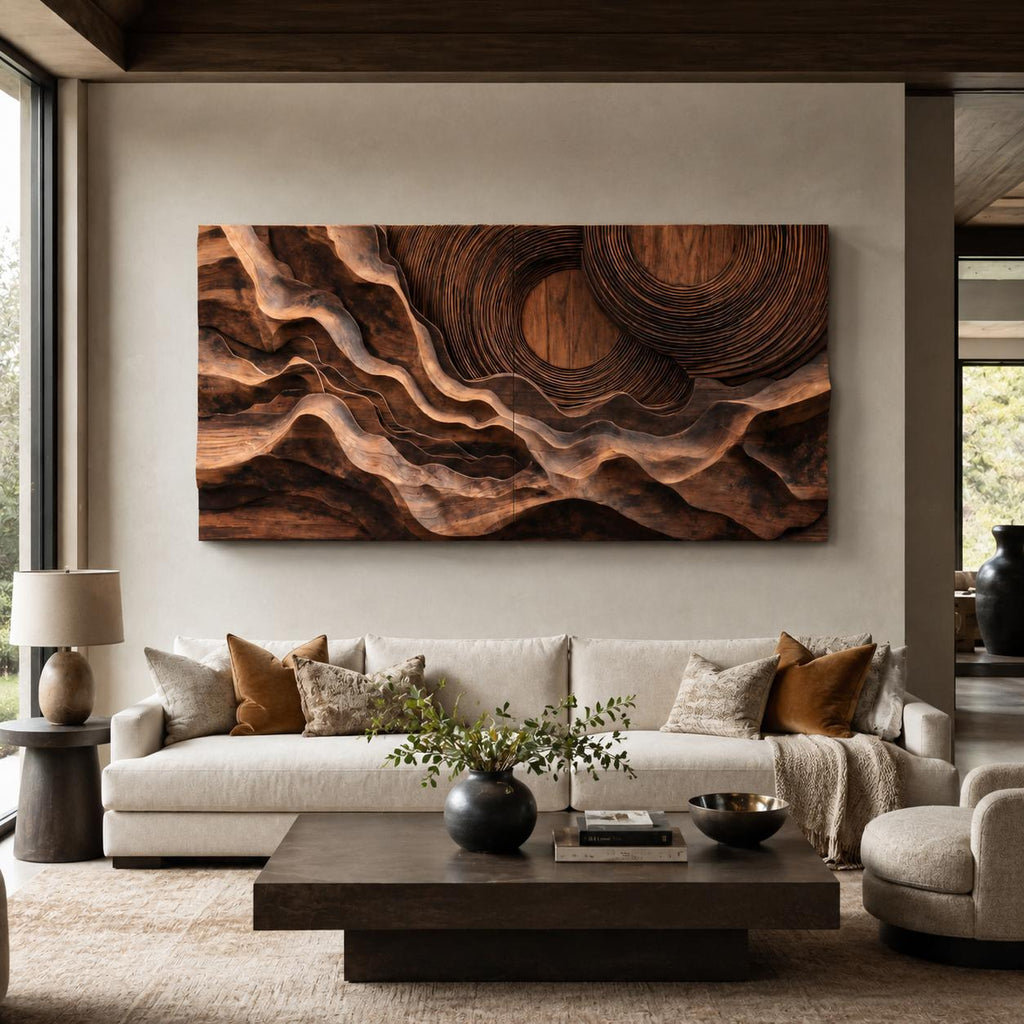Abstract Sculptural Wood Wall Art, Concentric Circles Handcrafted Solid Wood Wall Hanging for Living Room & Bedroom