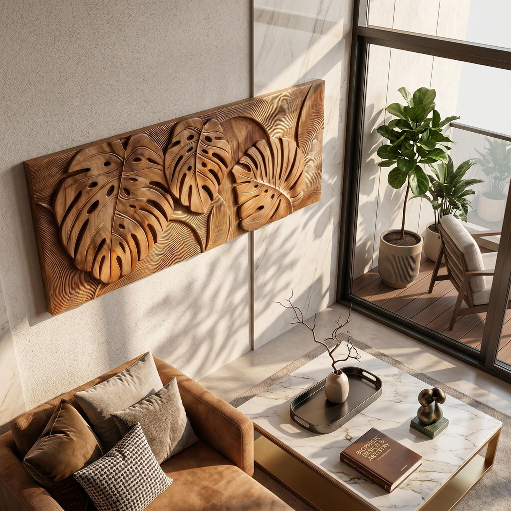 Tropical Wall Art with Leaf Texture, Carved Wood Monstera Palm Leaf Art Panel for Bathroom