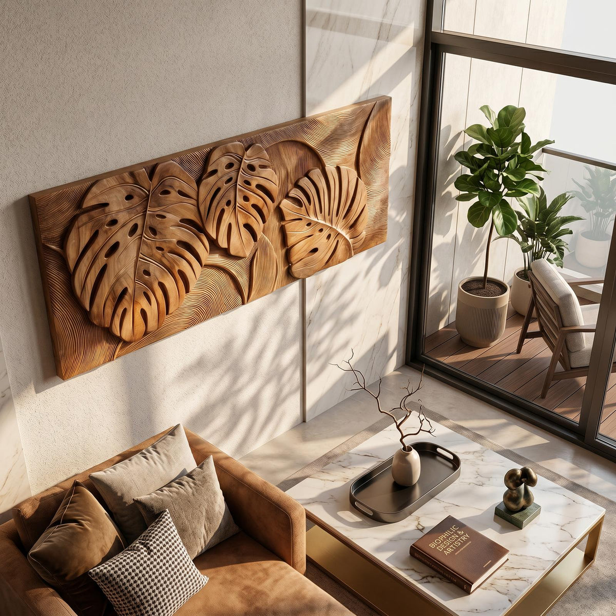 Tropical Wall Art with Leaf Texture, Carved Wood Monstera Palm Leaf Art Panel for Bathroom