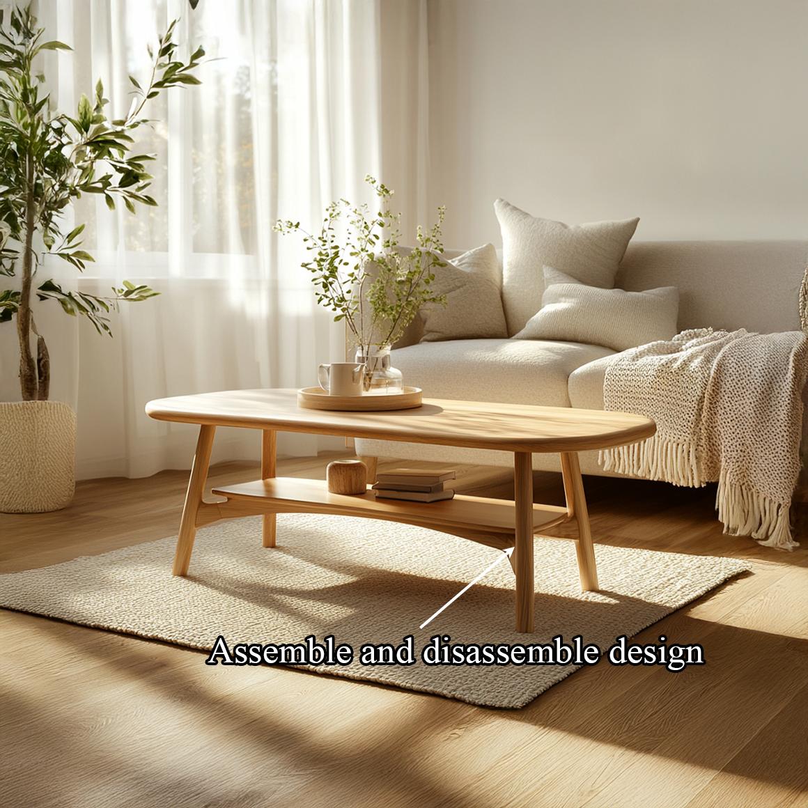 Scandinavian Soft Edge Coffee Table, Mid Century Modern Solid Wood Minimalist Oval Centerpiece for Living Room, Lounge