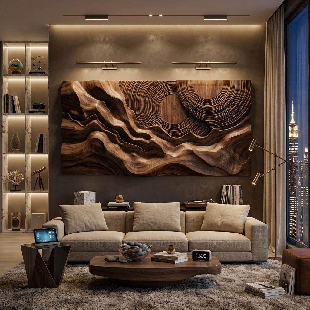Layered Wave Wall Sculpture, Abstract Geometric Circular 3D Wood Wall Art Panel for Living Room Decor